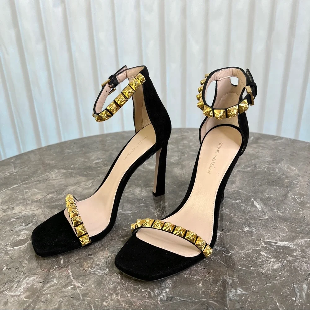 NEW Stuart Weitzman The Rosist Black Suede and Gold Studded Sandal Heels
